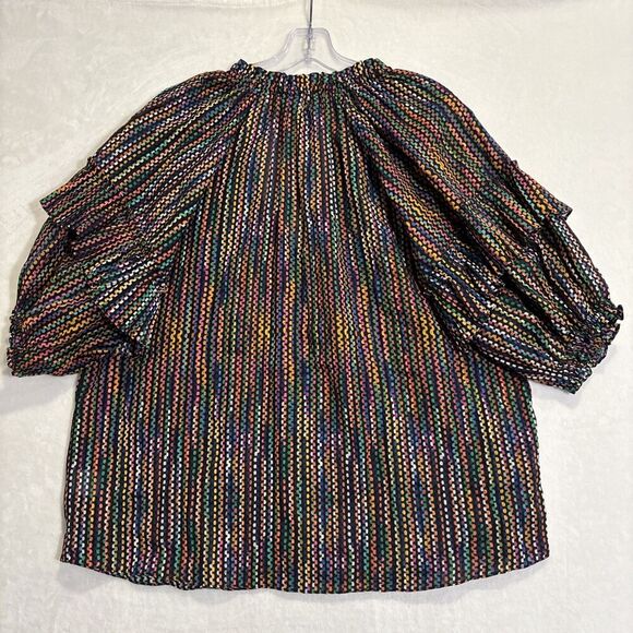 Ramy Brook Eugenia Ruffle Puff Sleeve Top Blouse Large Dot Stripe Split Neck NWT - Picture 6 of 16